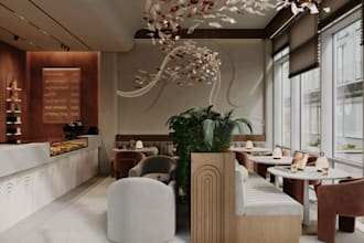 render 3d bakery interior, restaurant design, cafe, coffee shop, cozy bar, kiosk