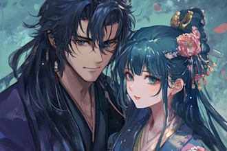 draw you cute anime couple art portrait
