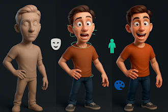 sculpt 3d character modeling 3d rigging 3d texturing with facial expression