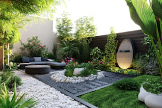 create a landscape design, pool, garden, patio, backyard