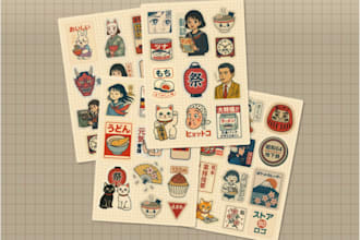cute retro japanese sticker packs in 80s 90s style