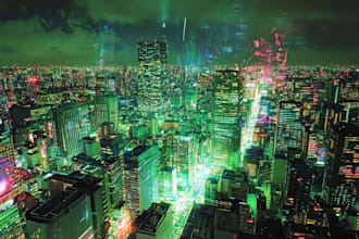 make a illustration of futuristic cyberpunk city in my style