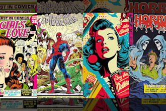 do vintage retro comic page horror, nsfw comic vintage retro poster comic artist