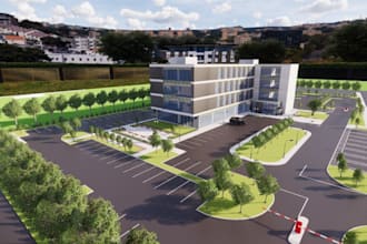 3d exterior design office building,high rise building landscape,3d rendering,cgi