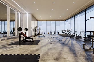 sketchup 3d gym interior, fitness studio with equipment rendering,cgi event hall