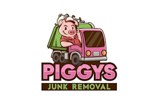 design fun pig mascot character junk removal truck logo