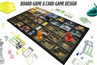 design tabletop board game, tarot cards, tcg card game, box mockup and game art
