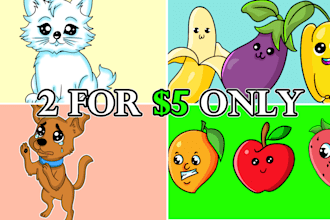 draw cartoon cute animals, foods, fruits and vegetables