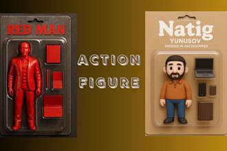 turn your photo into a custom action figure box packaging design for portraits