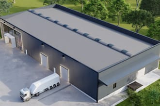 house interior, exterior warehouse design commercial architectural 3d rendering