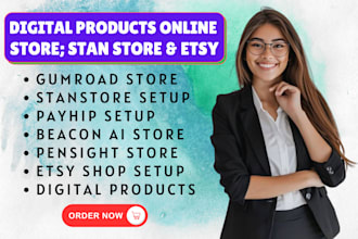 setup stan store, beacon ai, payhip, gumroad, pensight and etsy digital products