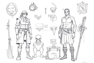 draw a concept sketch of characters, objects, background
