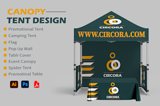design a canopy tent design, feather flag, and tablecloth