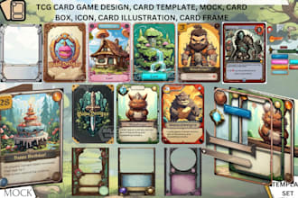design custom card game templates, tcg, frames deck mockups, game box and icons
