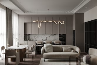 do 3d interior design of kitchen, bathroom and living room