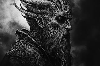 draw black and white horror, metal, dark art illustration