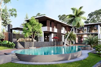 sketchup 3d villa exterior building,resort park swimming pool render,bedroom cgi