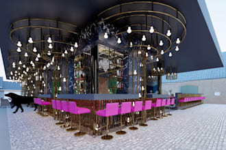 luxurious modern café interior design, restaurant, lounge, bar, coffee shop, VR