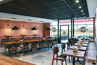 design rustic restaurant interior,render open bar, furniture step,3d floor plan