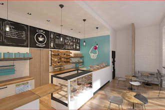 render 3d modern cafe interior, bakery layout, cgi furniture,floating restaurant
