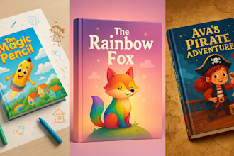 design whimsy children book cover, 3d book mockup for children book illustration