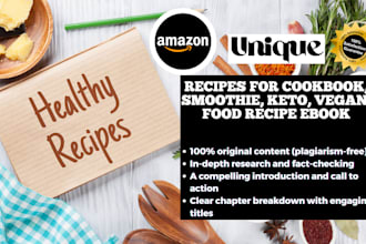 write unique recipes for cookbook, smoothie, keto, vegan, food recipe ebook