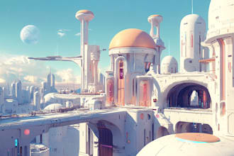 draw sci fi , cyberpunk, fantasy science fiction city