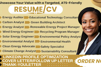 write a professional ats solar energy engineer, climate change analyst resume