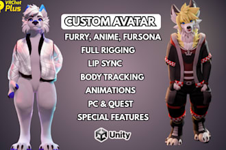 create custom vrchat avatar, 3d furry model, vr character, 3d vtuber, vseeface