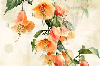 create a digital watercolor botanical illustration of flowers, plants, fruits