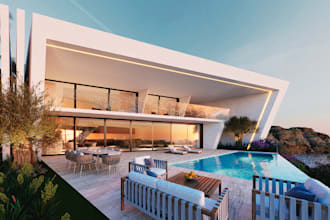 luxury modern residential,sunset village,pool terrace,beach house rendering, cgi
