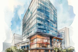 sketch architecture building with watercolor rendering