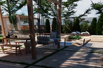 do landscape design, garden, terrace, pool, patio, backyard, deck and 3d render