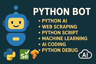 create python bot, web scraping, automation bot, script, selenium bot, debugging