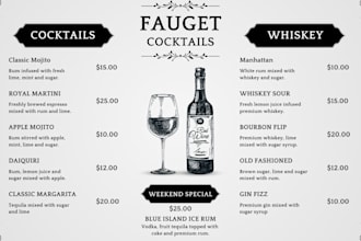 design cocktail recipe cards, drink bar restaurant events menus bartender guide