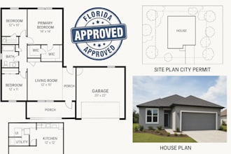 draw architectural floor plan, florida stamp, site plan city permit, house plan