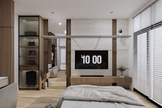 create 3d interior design for bedroom, kitchen, bathroom, and living room