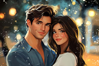 draw couple, pet portrait in disney cartoon style