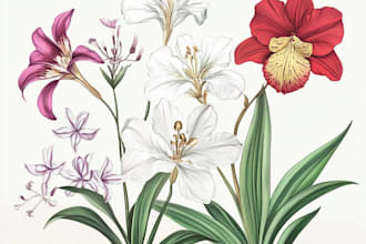 paint botanical illustration of flowers, fruits, plants
