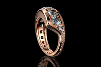 make a design, 3d model and render of the ring with gemstones
