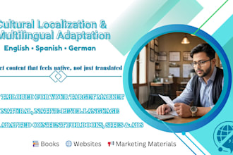 localize book, website, or marketing materials in english, spanish, and german