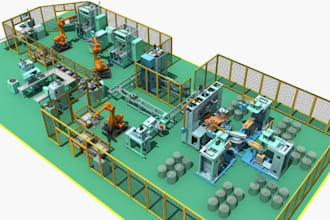 layout 3d factory floorplan,isometric view,production equipment,auto cad drawing
