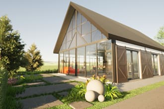 optimize 3d farmhouse, cottage exterior,garden decor, container house,cgi render