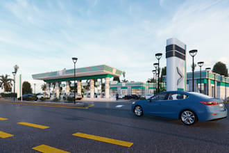 create 3d cgi fueling station, gas station, charging space, supermarket