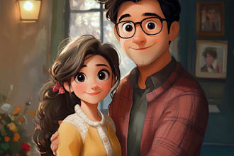 ake a couple into lovely disney cartoon portrait