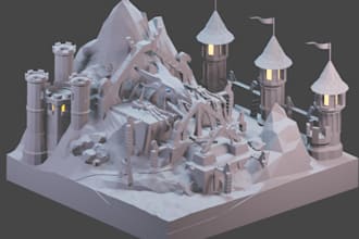 design 3d medieval village, fantasy castle,moutain landscape diorama,3dprint,stl