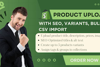 upload shopify products listing with SEO title descriptions variants collections