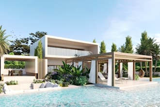 villa exterior rendering,resort beach house,pool patio, loggia terrace rendering