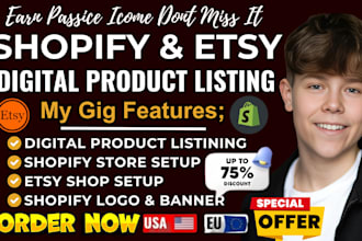 do shopify or etsy digital product listing, ebay restatement app installation