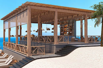 do 3d cgi bar beach design, beach house, beach bar renovation